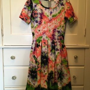 Lularoe amelia tie-dye dip ombre dress size small orange purple green w/ pockets